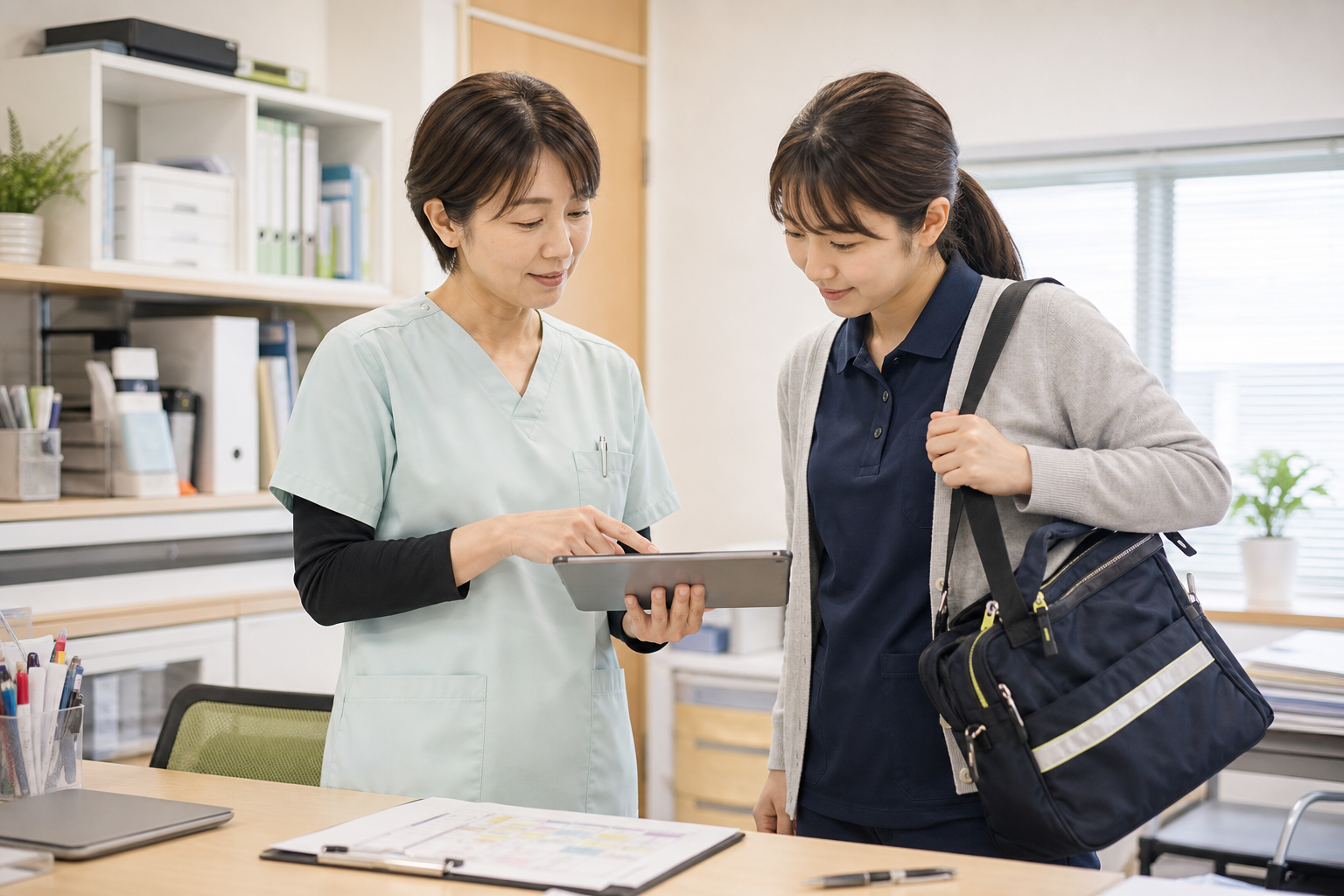 先輩スタッフが若手に訪問の同行準備を教える様子